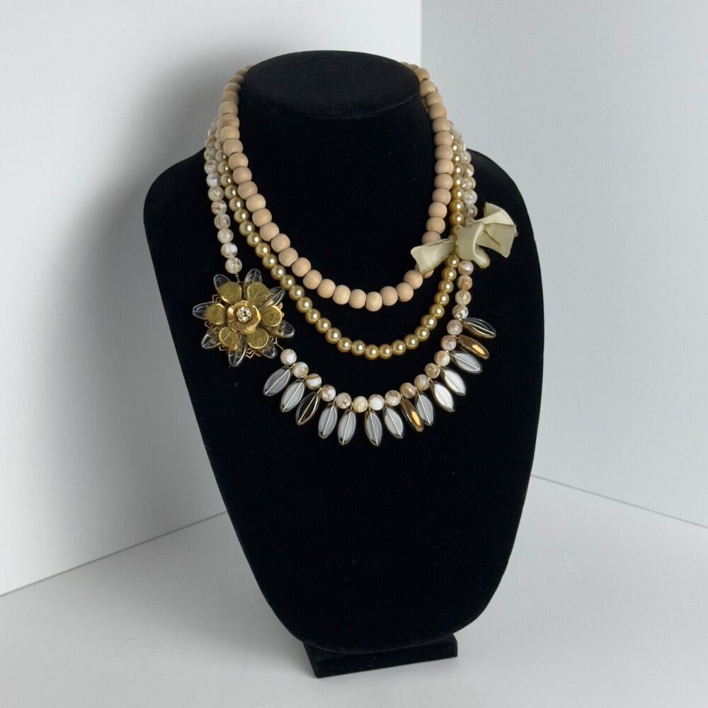 Lenora Dame Statement Necklace 3-Strand Wood Glass Stone Faux Pearl Beads